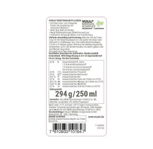 WUXAL Logo und Rückseitenetikett von WUXAL Mediterrane Pflanzen Dünger mit Nährstoffangaben, Anwendungshinweisen und Inhaltsmenge 250 Milliliter.