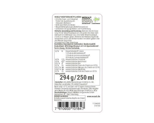 WUXAL Logo und Rückseitenetikett von WUXAL Mediterrane Pflanzen Dünger mit Nährstoffangaben, Anwendungshinweisen und Inhaltsmenge 250 Milliliter.