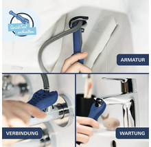 Anwendung des beiliegenden QuickTool Werkzeugs zur Montage der Armatur, Verbindung der Schläuche und Wartung des Strahlreglers.