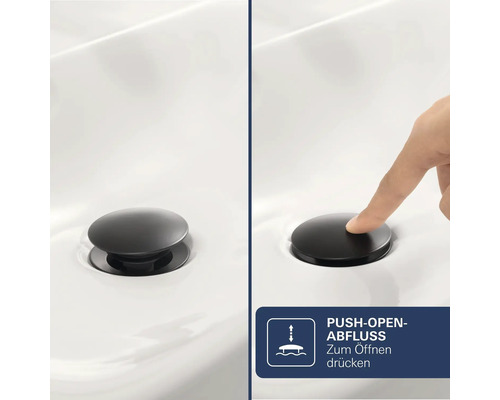 Schwarzes Push-Open-Ablaufventil für Waschbecken. Ein Finger demonstriert die Bedienung durch Drücken zum Öffnen und Schließen.
