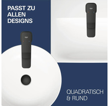 Schwarzer Armaturenhebel mit GROHE Logo auf runden und quadratischen Waschbecken, passend zu allen Badezimmerdesigns.