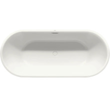 Ovale Badewanne in der Draufsicht mit mittigem Ablauf und Überlauf.