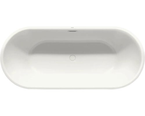 Ovale Badewanne in der Draufsicht mit mittigem Ablauf und Überlauf.