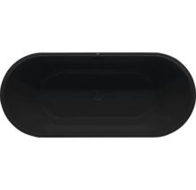Ovale Badewanne in Schwarz, Draufsicht mit mittigem Ablauf und KALDEWEI Logo.