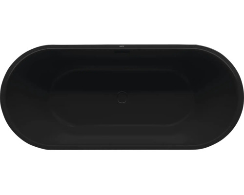 Ovale Badewanne in Schwarz, Draufsicht mit mittigem Ablauf und KALDEWEI Logo.