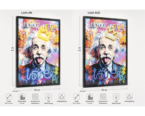 LED-Wandbild mit Albert-Einstein-Motiv, 50 mal 70 Zentimeter, schwarzer Rahmen, LED-Beleuchtung, aufhängefertig.