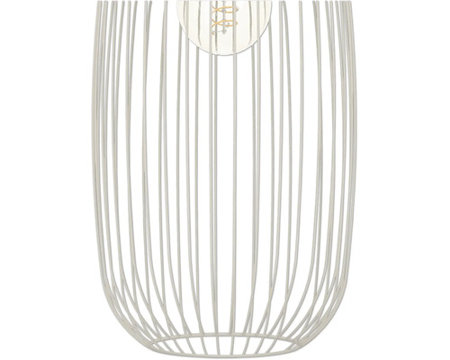 Lampenschirm im Käfig-Design aus vertikalen Metallstreben mit sichtbarem Leuchtmittel.