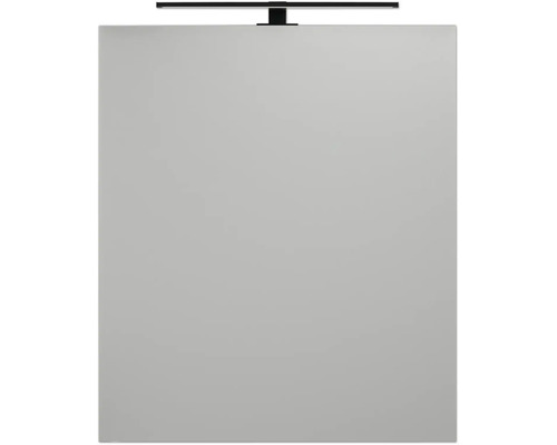 Rechteckiger Badezimmerspiegel mit schwarzer LED-Aufsatzleuchte.