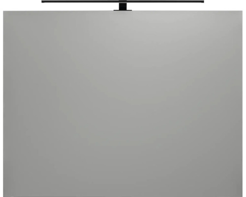 Rechteckiger Badezimmerspiegel mit schwarzer LED-Aufsatzleuchte.