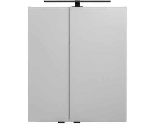 Spiegelschrank mit zwei Türen und schwarzer LED-Aufsatzleuchte.