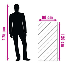 Größenvergleich zwischen einer Person mit 175 Zentimetern Körpergröße und einem rechteckigen Objekt mit den Maßen 120 mal 60 Zentimeter.