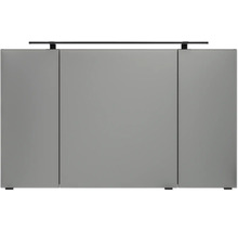 Dreitüriger Spiegelschrank für das Badezimmer mit einer schwarzen LED-Aufsatzleuchte.