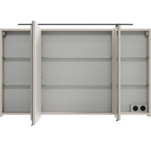 Spiegelschrank für das Badezimmer mit drei Türen, Glaseinlegeböden, integrierter Steckdose und Beleuchtung, geöffnete Ansicht.
