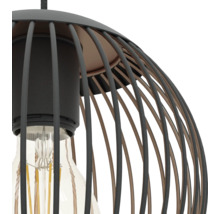 Detailansicht einer Pendelleuchte mit Metallkäfig-Schirm und einer Filament-Lampe.
