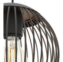Industrielle Pendelleuchte mit schwarzem Metallkäfig und LED-Filament-Leuchtmittel.