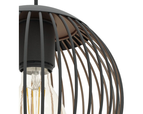 Industrielle Pendelleuchte mit schwarzem Metallkäfig und LED-Filament-Leuchtmittel.