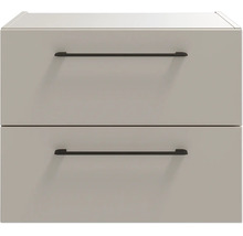 Badunterschrank mit zwei Schubladen und schwarzen Griffen.