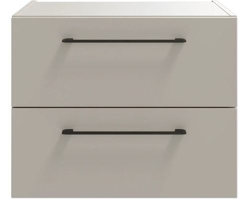 Badunterschrank mit zwei Schubladen und schwarzen Griffen.