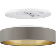 Runde LED Deckenleuchte mit grauem Textilschirm, goldfarbener Innenseite und Montageplatte.