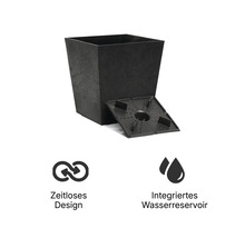 Quadratischer Pflanzkübel mit Bewässerungseinsatz, zeitlosem Design und integriertem Wasserreservoir.
