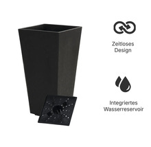Hoher quadratischer Pflanzkübel in Schwarz mit integriertem Wasserreservoir und zeitlosem Design.