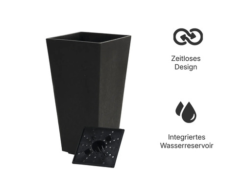 Hoher quadratischer Pflanzkübel in Schwarz mit integriertem Wasserreservoir und zeitlosem Design.