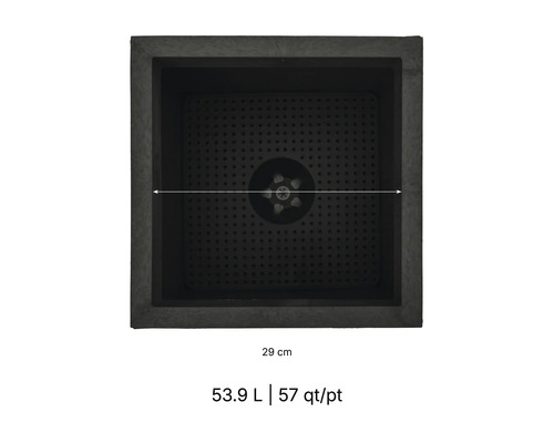 Quadratischer Pflanzkübel in der Draufsicht, Breite 29 Zentimeter, Volumen 53,9 Liter, mit integriertem Sieb am Boden.