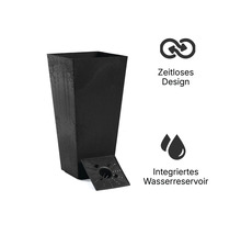 Hoher quadratischer Pflanzkübel mit integriertem Wasserreservoir und zeitlosem Design.