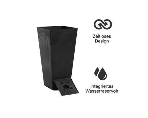 Hoher quadratischer Pflanzkübel mit integriertem Wasserreservoir und zeitlosem Design.