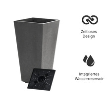 Hoher, quadratischer Pflanzkübel mit integriertem Wasserreservoir und zeitlosem Design.