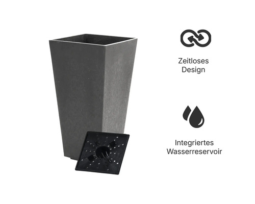 Hoher, quadratischer Pflanzkübel mit integriertem Wasserreservoir und zeitlosem Design.