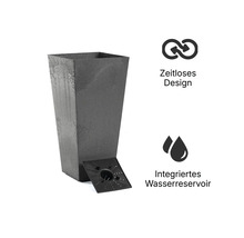 Hoher, quadratischer Pflanzkübel in konischer Form mit strukturierter Oberfläche, integriertem Wasserreservoir und zeitlosem Design.