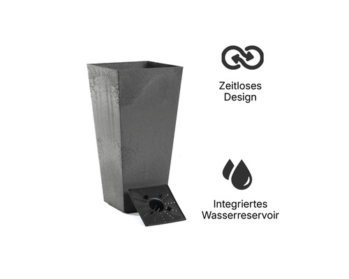 Hoher, quadratischer Pflanzkübel in konischer Form mit strukturierter Oberfläche, integriertem Wasserreservoir und zeitlosem Design.