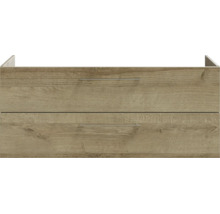 Waschtischunterschrank mit zwei Schubladen in Holzoptik und schmalen Metallgriffen.