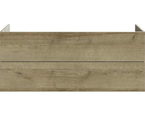 Waschtischunterschrank mit zwei Schubladen in Holzoptik und schmalen Metallgriffen.