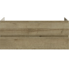 Badunterschrank mit zwei Schubladen in Holzoptik und integrierten Griffmulden.