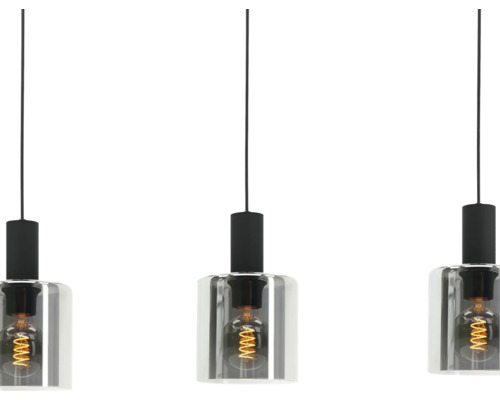 Dreiflammige Pendelleuchte mit zylindrischen Glasschirmen und sichtbaren LED-Filament-Leuchtmitteln an schwarzen Aufhängungen.