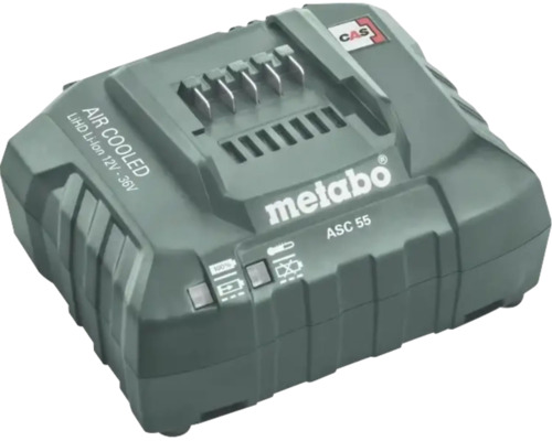 Metabo Akku-Ladegerät ASC 55 für Lithium-Ionen-Akkus von 12 bis 36 Volt mit Luftkühlung. Metabo Logo. CAS Logo.