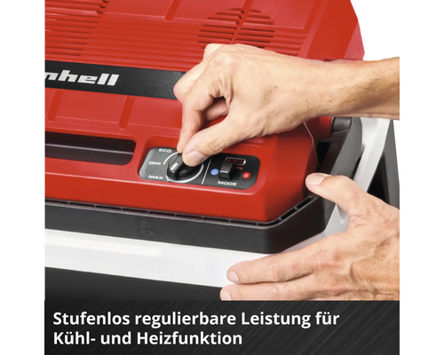 Hand bedient den Drehregler einer Einhell Kühlbox zur stufenlosen Einstellung der Kühl- und Heizleistung.