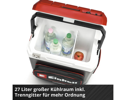 Einhell Kühlbox mit 27 Liter Volumen, offenem Deckel, Trenngitter, drei Flaschen, einem Apfel und Fronttasche mit Einhell Logo.