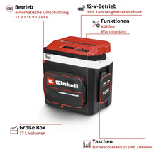 Einhell Hybrid-Kühlbox mit Kühl- und Warmhaltefunktion, 27 Liter Volumen, Betrieb über 12 Volt, 18 Volt oder 230 Volt, inklusive Zubehörtaschen.