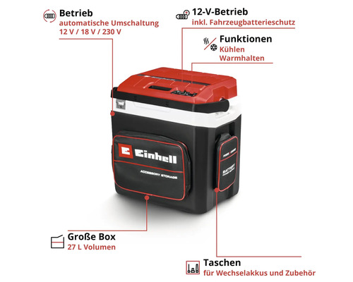 Einhell Hybrid-Kühlbox mit Kühl- und Warmhaltefunktion, 27 Liter Volumen, Betrieb über 12 Volt, 18 Volt oder 230 Volt, inklusive Zubehörtaschen.