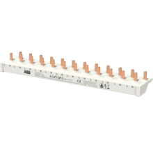 ABB Phasenschiene mit Kupferstiften für Sicherungsautomaten, markiert für Phase und Neutralleiter, Europäische Konformität, ABB Logo.