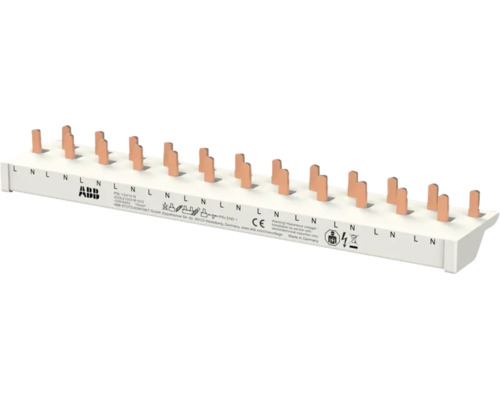 ABB Phasenschiene mit Kupferstiften für Sicherungsautomaten, markiert für Phase und Neutralleiter, Europäische Konformität, ABB Logo.