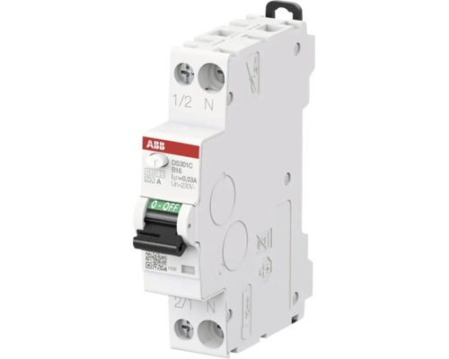 ABB Fehlerstrom-Leitungsschutzschalter DS301C B16, 16 Ampere, 30 Milliampere, Typ A, 1-polig mit Neutralleiter.