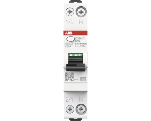 Fehlerstrom-Leitungsschutzschalter ABB DS301C B16, 30 Milliampere, 230 Volt, 1-polig plus Neutralleiter, ABB Logo.