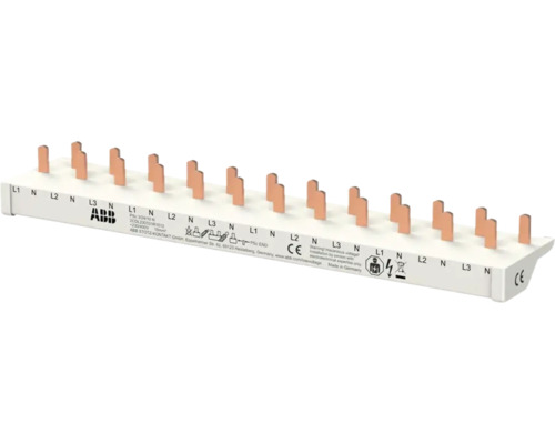 ABB Phasenschiene für Sicherungsautomaten mit Kupferkontakten und Kunststoffisolierung, dreiphasig mit Neutralleiter, ABB Logo.
