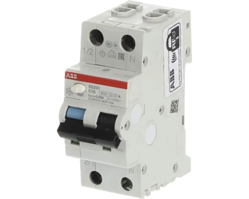 ABB Fehlerstrom-Leitungsschutzschalter DS201 C16 für Elektroinstallationen mit Prüftaste und Schalthebel.