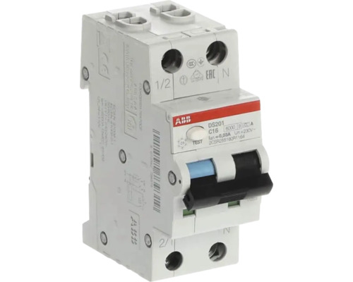 ABB Logo auf einem FI/LS-Schalter DS201, Typ A, C16, 30 Milliampere, 230 Volt, zweipoliger Fehlerstrom-Schutzschalter mit Leitungsschutz.