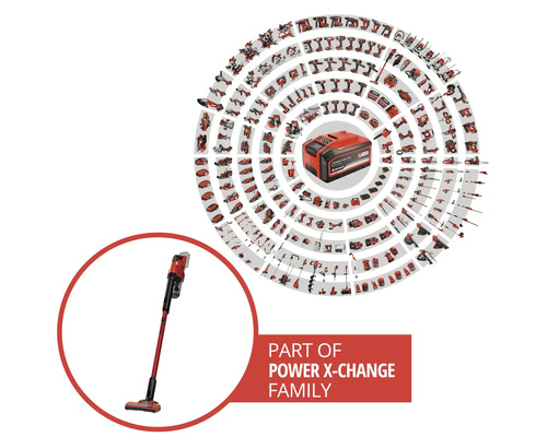 Einhell Akku-Staubsauger als Teil der Power X-Change Akku-Familie mit zahlreichen kompatiblen Werkzeugen und Gartengeräten.